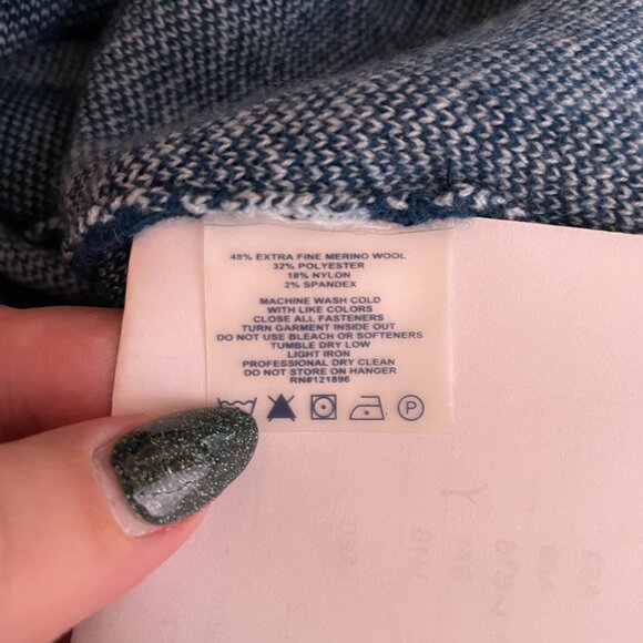 Title Nine Women S Blue Geometric Sweater Dress Cowl Neck Pockets Merino Wool - Picture 10 of 10